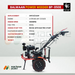 3. Balwaan BP-850E Power Weeder side view with technical specifications — 247cc/5.5HP engine, 3600 RPM speed, diesel fuel, 105 cm width, 12-inch depth, 3 gears, and 110 kg weight.
