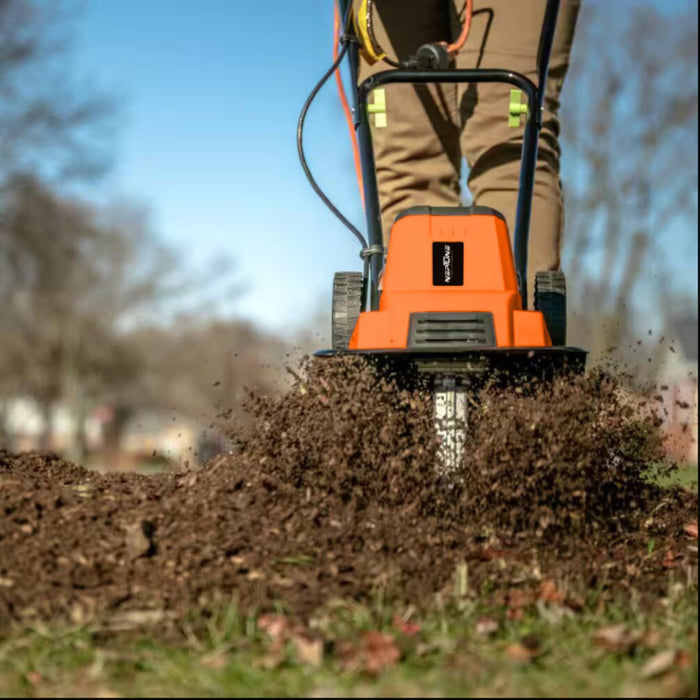Lightweight electric cultivator for home gardens with 6 steel tines