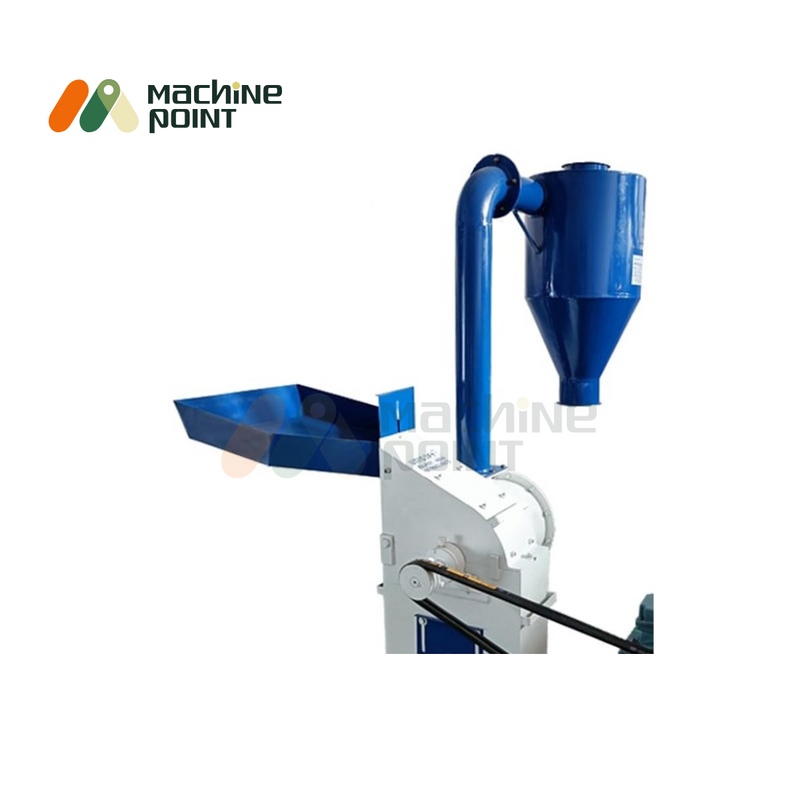 Side close-up of Blower Type Pulverizer showing blue cyclone separator and belt-driven mechanism connected to the grinding unit.

