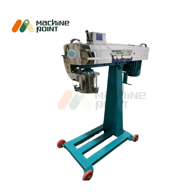 Maska Shredding Machine – side angle featuring branded control panel, stainless steel shredder chamber, and robust steel body frame.