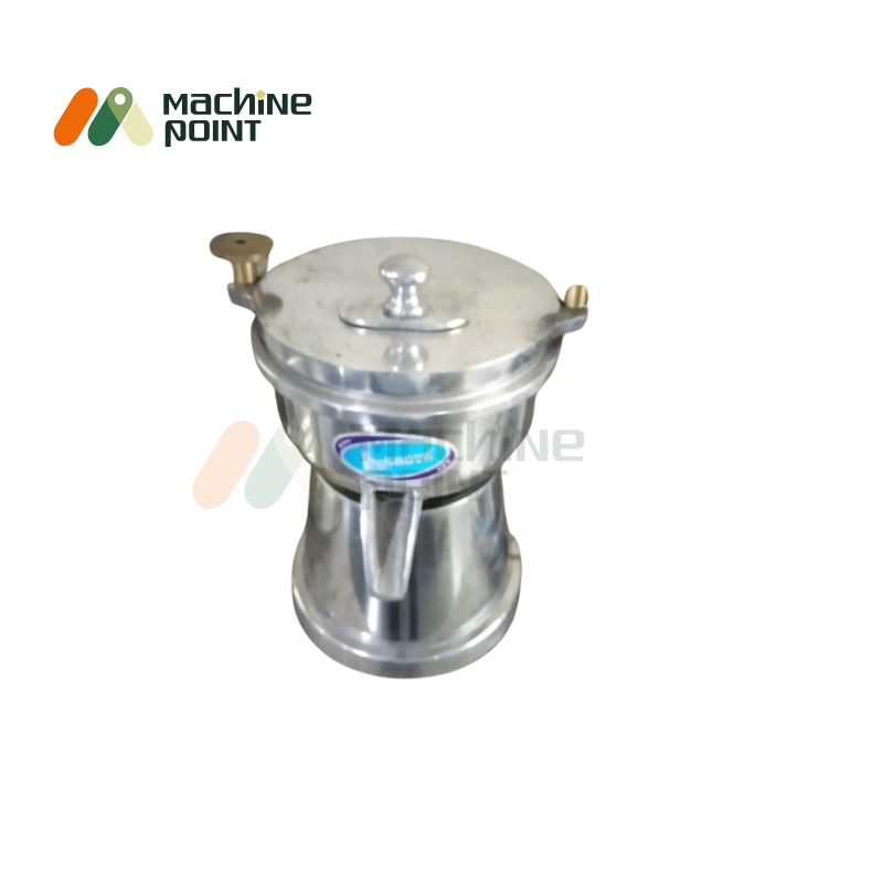 Front view of Small Carrot Juice Machine with stainless steel body and outlet spout.