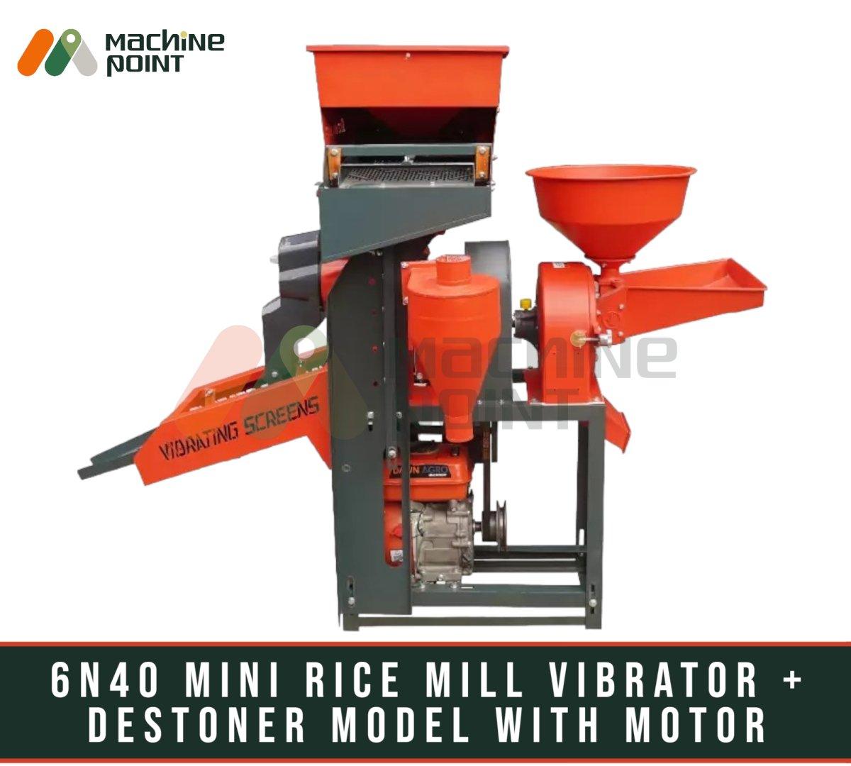 4-in-1 compact rice mill with 3HP motor for efficient agriculture and food processing. Features vibrator and destoner for thorough cleaning and milling of rice grains.