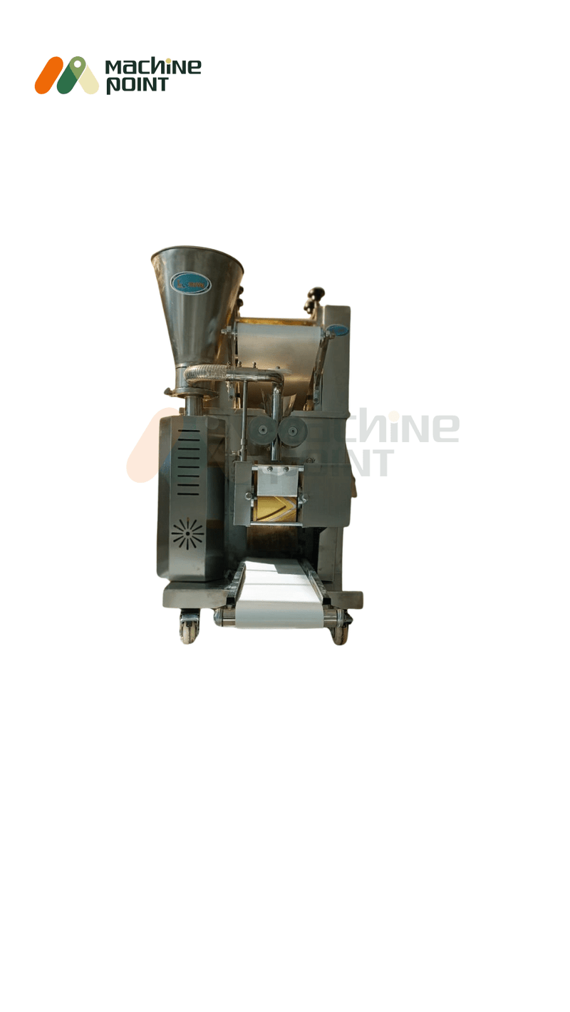 Front view of automatic samosa machine with conveyor output and precision roller assembly.