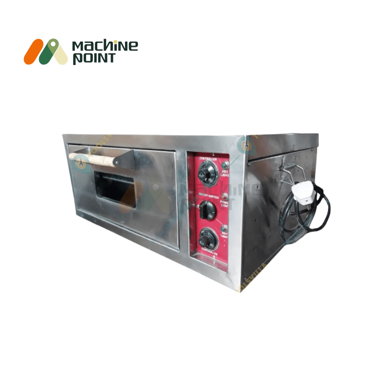 Side-angle view of Electric Pizza Oven 24x24 featuring power cord, sturdy build, and red control panel.