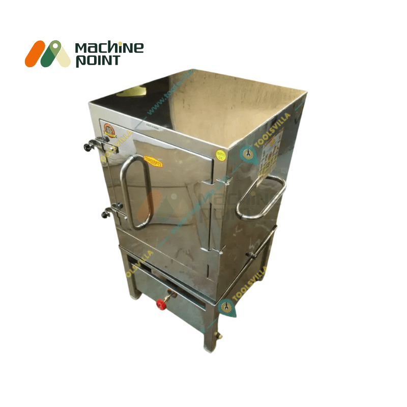 Top angle view of 12 tray Dhokla Steamer with front lock handle and side grips – designed for commercial kitchen use.