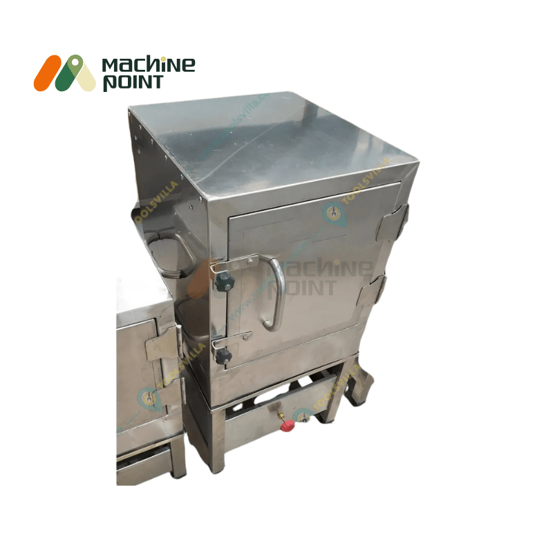 Side-angle view of closed Dhokla Machine showing heavy-duty stainless steel door and handle – used in catering and food stalls