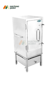 Side view of 10 Tray Live Steam Dhokla Machine with closed stainless steel chamber and side handle – ideal for commercial kitchens.