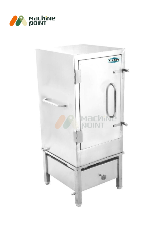 Side view of 10 Tray Live Steam Dhokla Machine with closed stainless steel chamber and side handle – ideal for commercial kitchens.