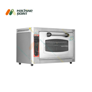 Electric pizza oven 12x18 with ergonomic front handle, visible baking racks, and heat control knobs.