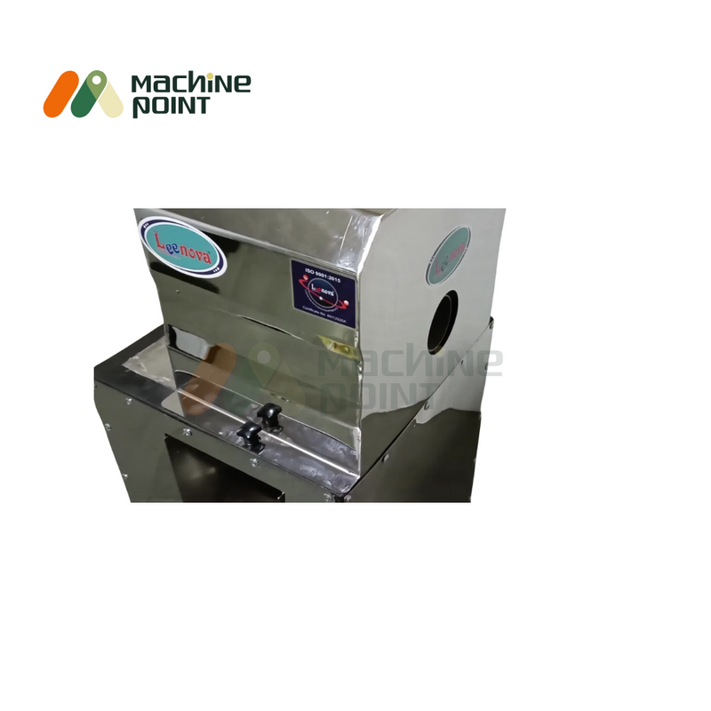 Sugarcane Cleaning Machine angled side view – compact, durable build with an easy-access outlet pipe and safety buttons.