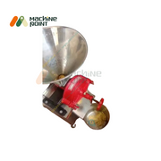 Angled view of Wet Dal Machine With Motor, featuring a large conical feeding hopper and red grinding chamber outputting dal paste.
