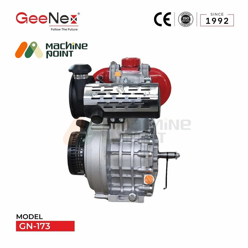 Rear view of GeeNex GN-168 WF diesel engine, featuring the choke lever, oil inlet, and manufacturer label with a durable red and metallic body.