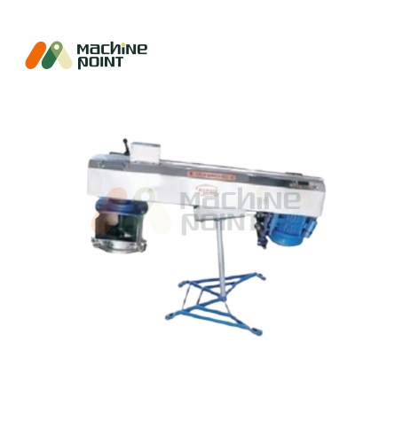 Side view of Farsan Machine 7" with a compact design, motor on one side and cutting chamber on the other, placed on a sturdy blue stand.