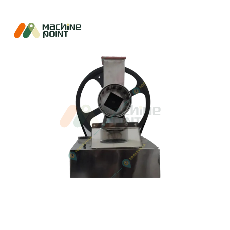 Front-facing view of  Kadukas Bhuka Machine with square input chamber and manual flywheel system.