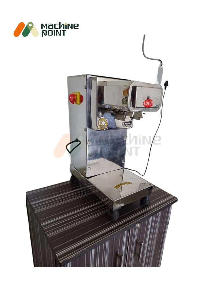 Side angle of Fafda Machine Small – export-quality model with motorized roller and safety switch.