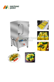 Side view of Live Steam Dhokla Machine with sample dhokla plates – perfect for commercial kitchens and bulk steaming