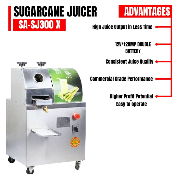 Electric-free sugarcane juice extractor with up to 7 hours battery backup