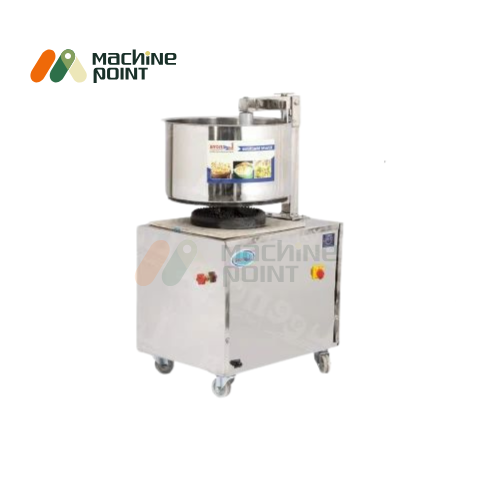 Front view of Khichi Making Machine 10 KG with stainless steel drum, mounted on a wheeled base.
