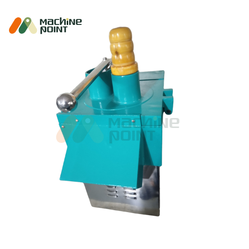 Vegetable Cutting Machine Deluxe – Rear top view with wooden handle and green metal finish, suitable for commercial use.
