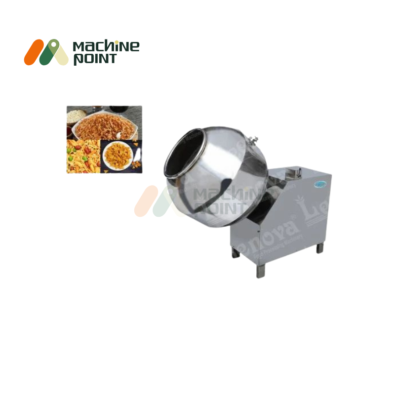 1HP masala coating pan machine in stainless steel body, perfect for even flavour coating of snacks.