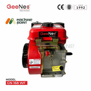 Rear view of GeeNex GN-168 WF diesel engine, featuring the choke lever, oil inlet, and manufacturer label with a durable red and metallic body.