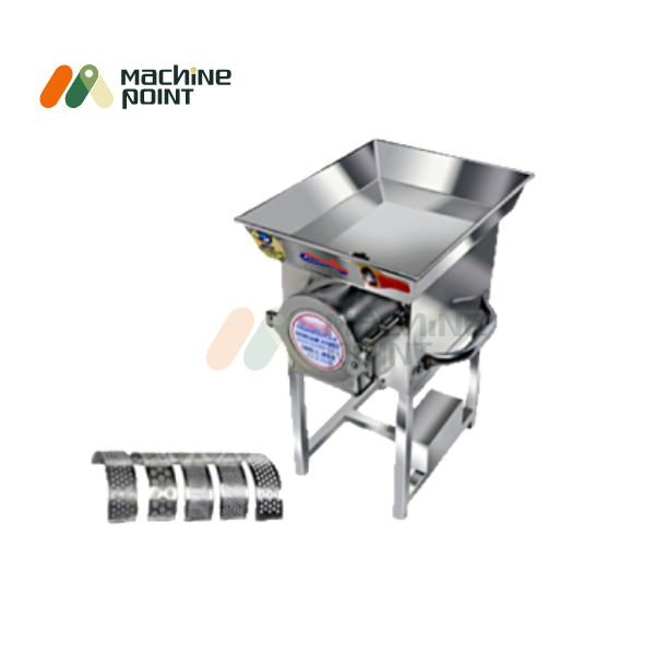 Angled view of Gravy Machine 3 HP Super Deluxe with included interchangeable perforated cutting blades.
