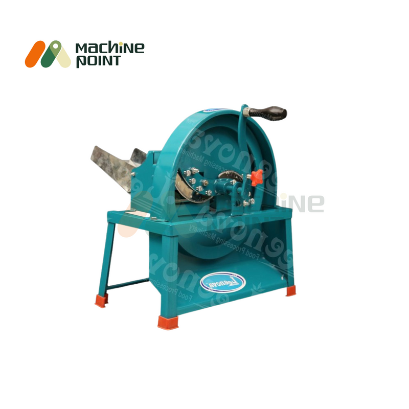 Angled view of the Manual Bhaji Cutter with visible sharp cutting blades and brand labeling on the base.
