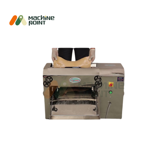 Samosa Dough Sheet Machine – Stainless steel body with manual roller adjustment knobs and dough input slot.