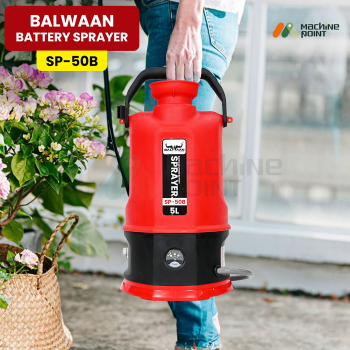 1. Person holding a Balwaan Battery Sprayer SP-50B, a red and black 5-liter portable sprayer used for gardening and cleaning tasks.