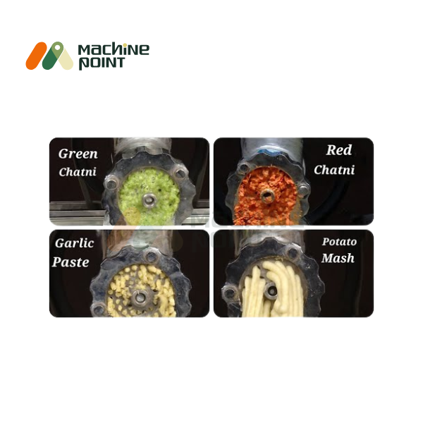 Grinding results from Chatani Machine – green chutney, red chutney, garlic paste, and potato mash outputs displayed.