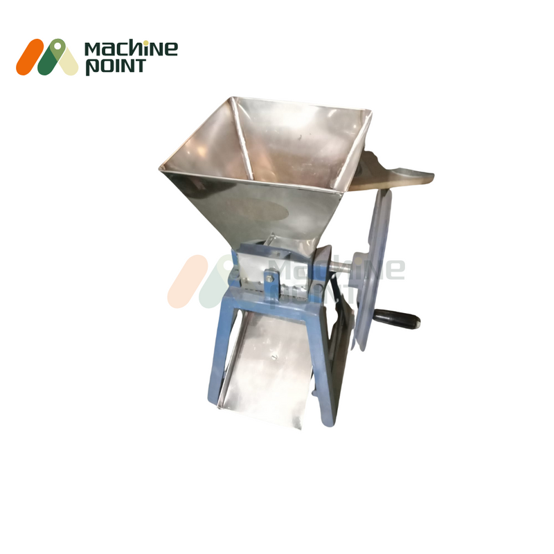 Side view of the Hand Chilly Cutter machine highlighting the turning wheel and discharge outlet.