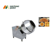 Side view of  0.5 HP coating pan machine used for seasoning namkeen, chips, and dry snacks with food samples shown.