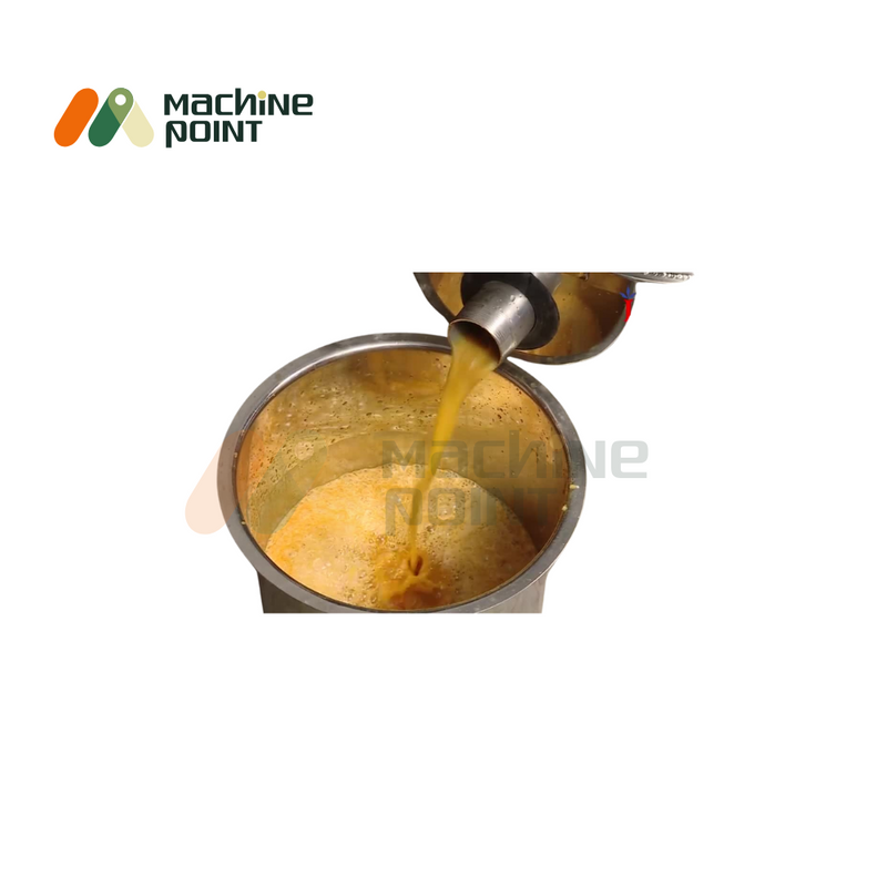 Close-up of Garbage Crusher Machine discharging processed waste juice into a stainless steel container.