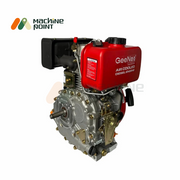 Angled side view of GeeNex air-cooled diesel engine featuring a red fuel tank, visible crankshaft output, and durable metal housing.