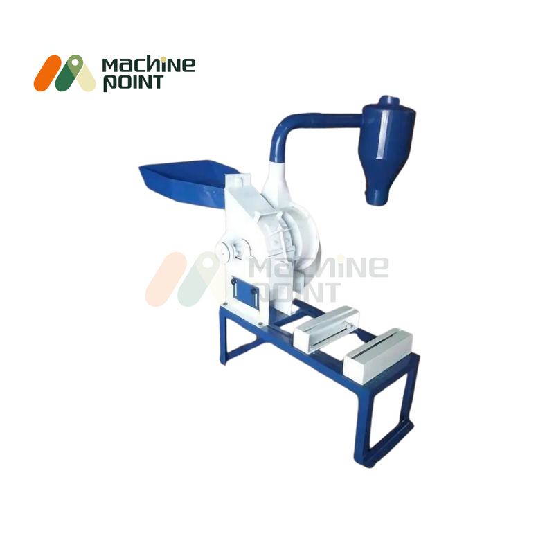 Angled view of MS Blower Type Pulverizer in blue and white combination with attached cyclone and open motor mount frame.
