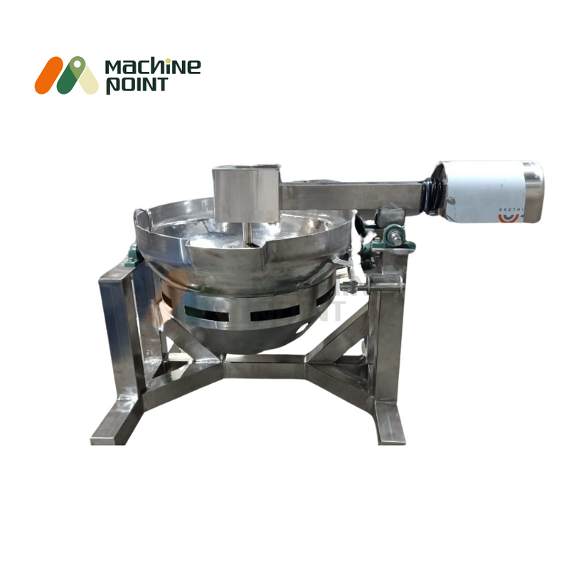 Angled view of 3-feet halwa mixing machine with electric motor, durable frame, and heavy-duty build for commercial kitchens.