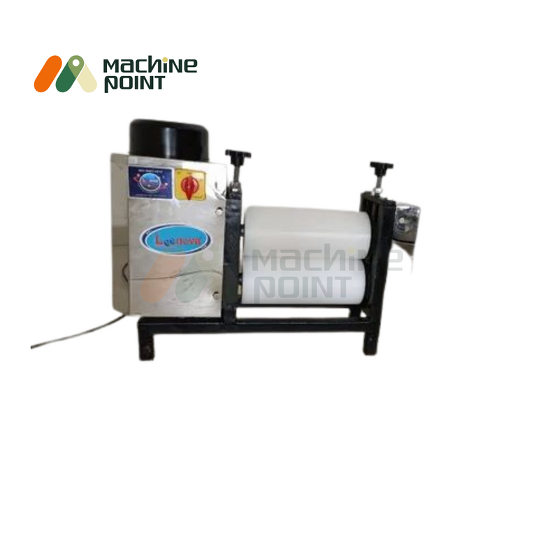 Front-facing view of Samosa Patti Machine – compact, table-top machine with precision rollers and control panel for efficient sheet making.