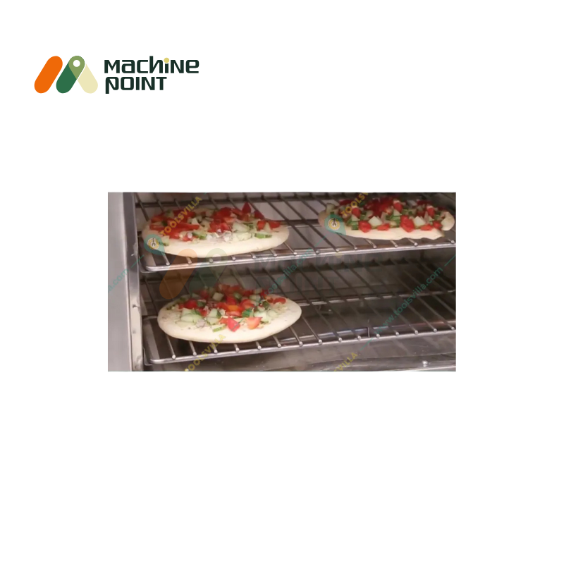 Interior of Electric Pizza Oven 18x24 with pizzas baking on dual wire racks.