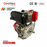 Side view of GeeNex GN-192 FE diesel engine showcasing its black exhaust system and starter motor.