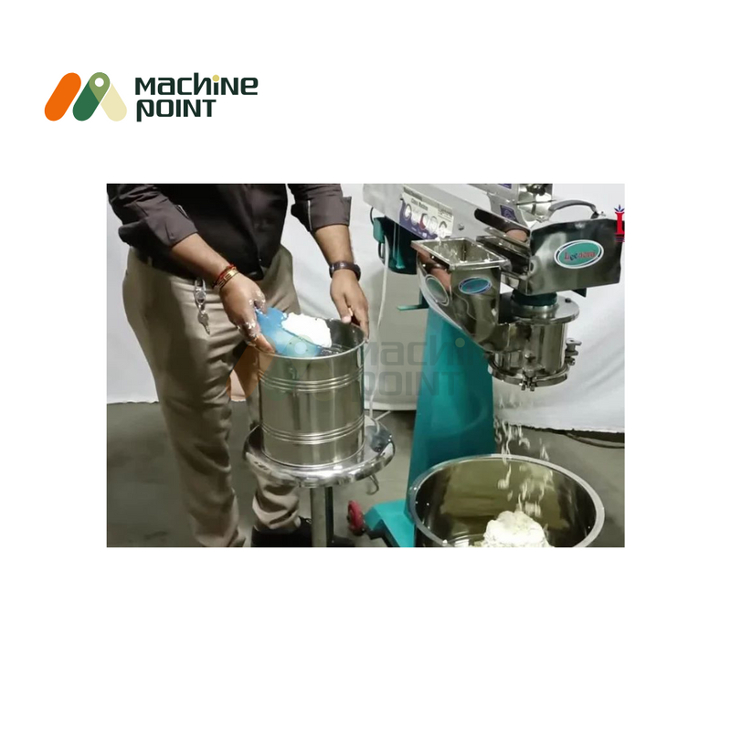 Maska Shredding Machine in operation – user collecting shredded white butter (maska) into a steel container, ideal for dairy and commercial use.