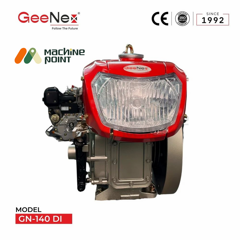 Front view of GeeNex GN-140 DI diesel engine highlighting the headlamp, robust housing, and top-mounted fuel tank.