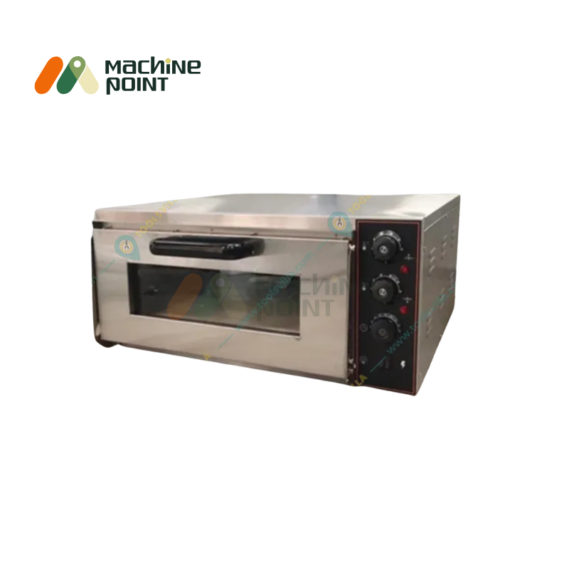 Open view of electric pizza oven 18x18 showing spacious stone baking chamber and insulated door handle.