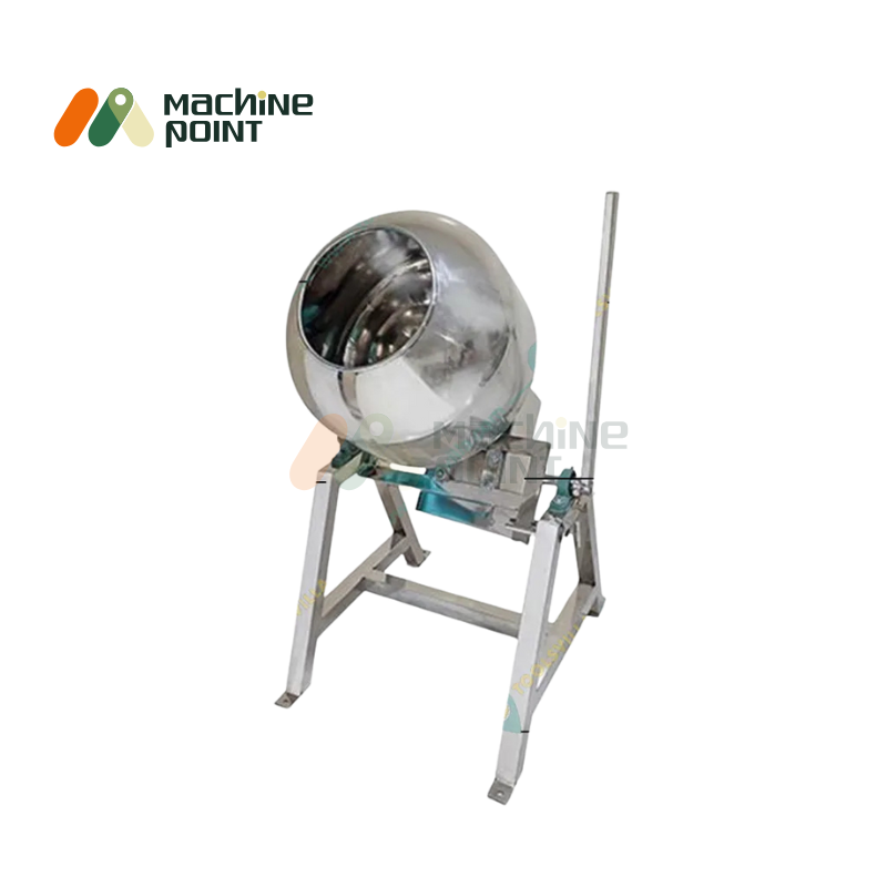 0.5HP tilting flavouring pan machine with stainless steel drum for seasoning chips and snacks.