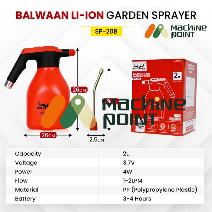 Balwaan Li-Ion Garden Sprayer SP-20B with 2-liter capacity, showing product dimensions—sprayer height and width of 26 cm, nozzle height of 19 cm and width of 2.5 cm—along with a red product box and detailed specifications including 3.7V voltage, 4W power, 1–2 LPM flow rate, PP material, and 3–4 hours battery backup.