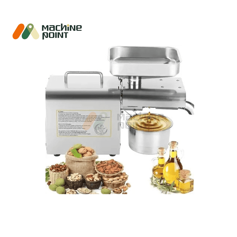 2000-watt multi-seed oil making machine extracting oil from mixed dry nuts and seeds.