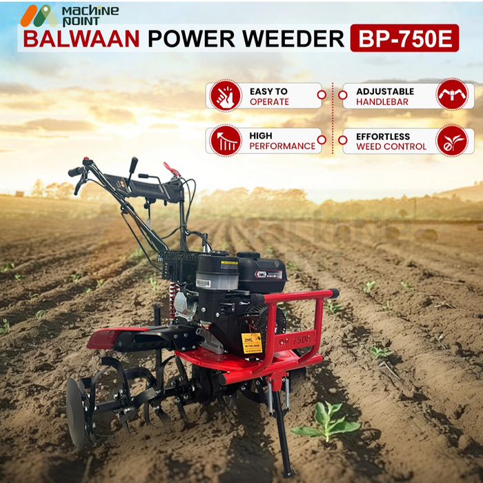 Balwaan BP-750E Power Weeder in action on farmland, highlighting its easy operation, adjustable handlebar, high performance, and effective weed control capabilities.