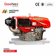 Opposite side view of GeeNex GN-140 DI engine displaying the fuel filter, air intake, and detailed mechanical components.