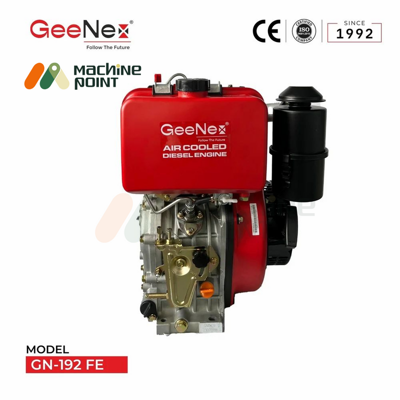 Front view of GeeNex GN-192 FE air-cooled diesel engine featuring a red fuel tank, precision fuel injection system, and black air filter.