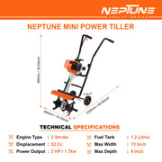 Petrol-powered Neptune mini tiller with 5–12 cm adjustable tilling depth