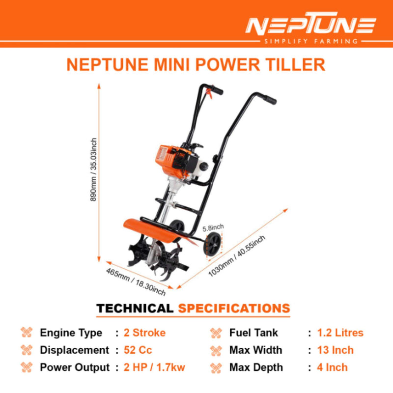 Petrol-powered Neptune mini tiller with 5–12 cm adjustable tilling depth